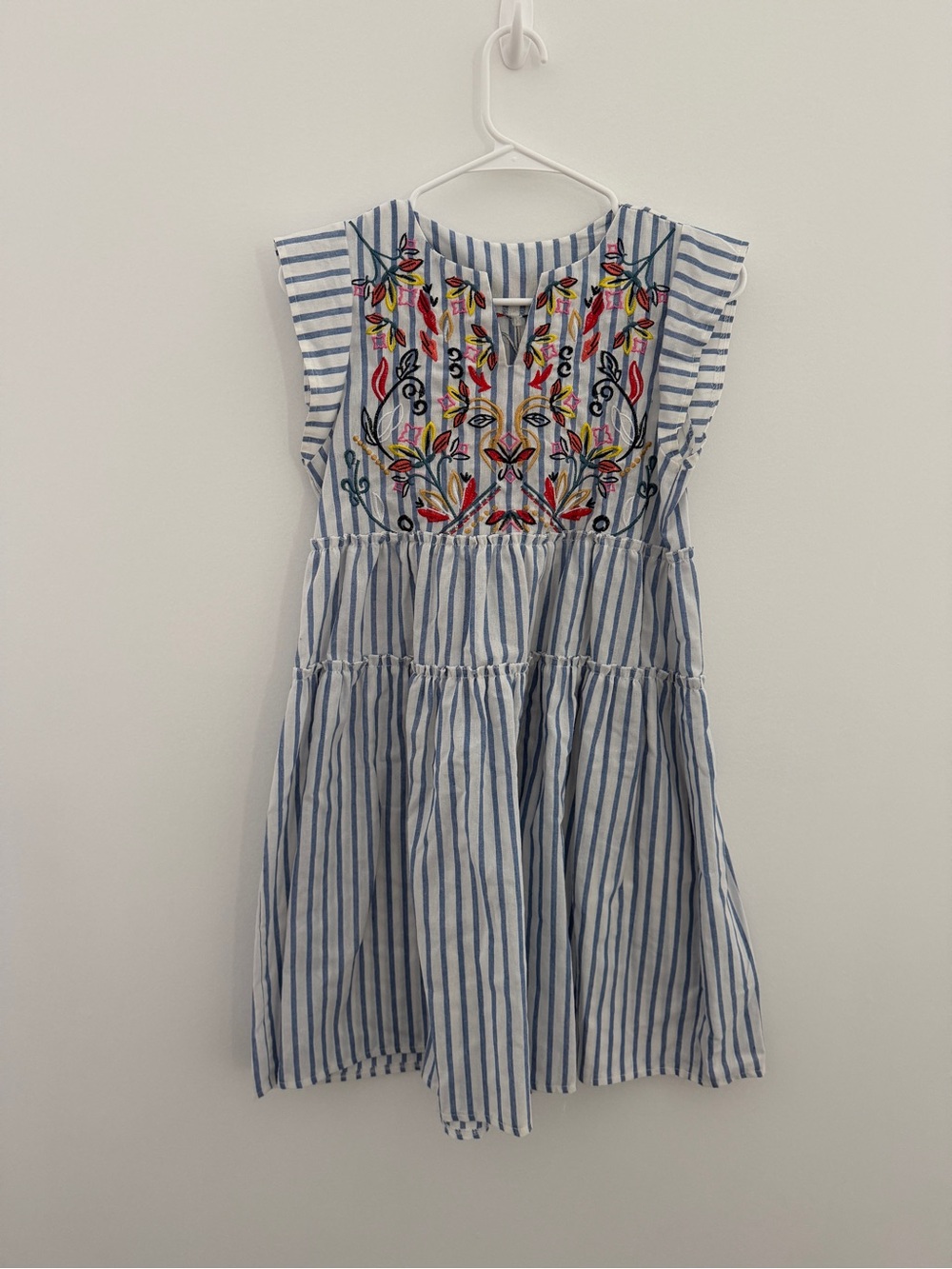 Blue & White Striped Embroidered Tiered Casual Dress